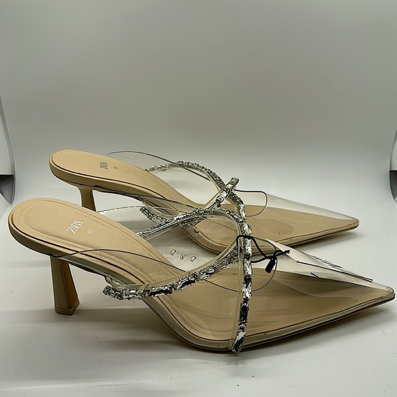 Zara Glitzy See Through Pointed Toe Jeweled Sandals Shoes **Sz 38/US Sz 8** 🔥🔥 - Picture 3 of 5